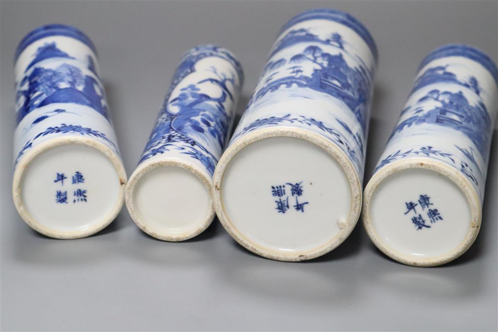 A pair and two other 19th century Chinese blue and white sleeve vases, three bear Kangxi mark, tallest 22cm